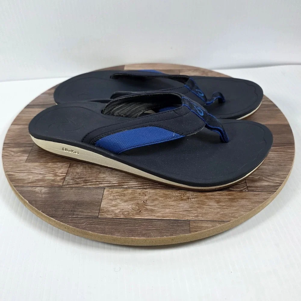 OluKai Nohona 10350-DEDE Mens US 8 Flip Flop Navy Leather Slip On Thong Sandals